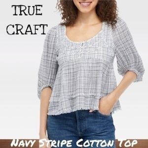 TRUE CRAFT Button Front Smocked Blouson Sleeve Cotton Top-Navy Print/Lg/NWT